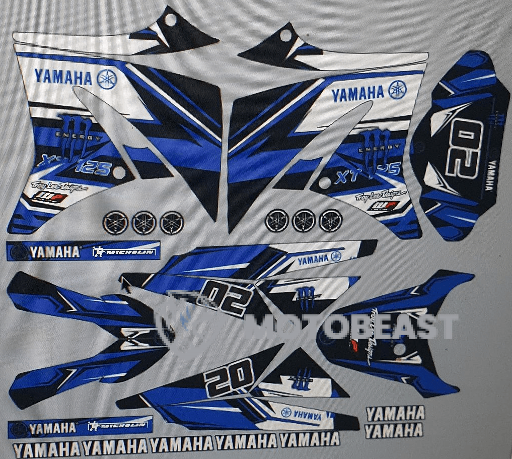 Yamaha XT125 Monster Energy mėlynos grafikos