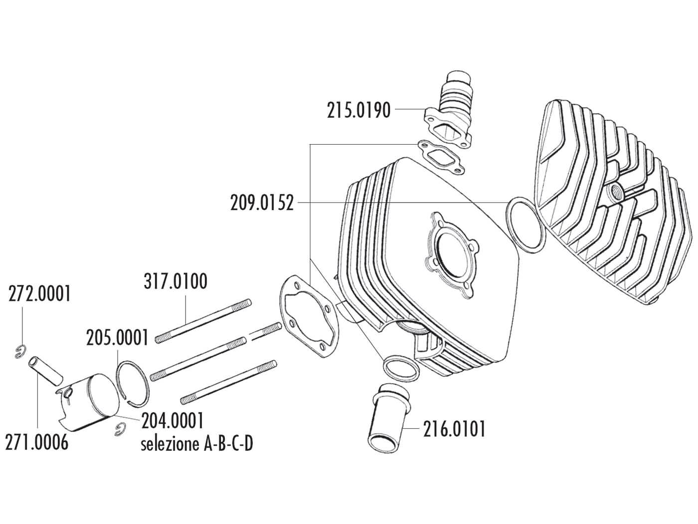 Stūmoklio komplektas Polini series 6000 80cc 48mm (D), skirtas Fantic Motor Regolarita 50, Minarelli P4-P6
