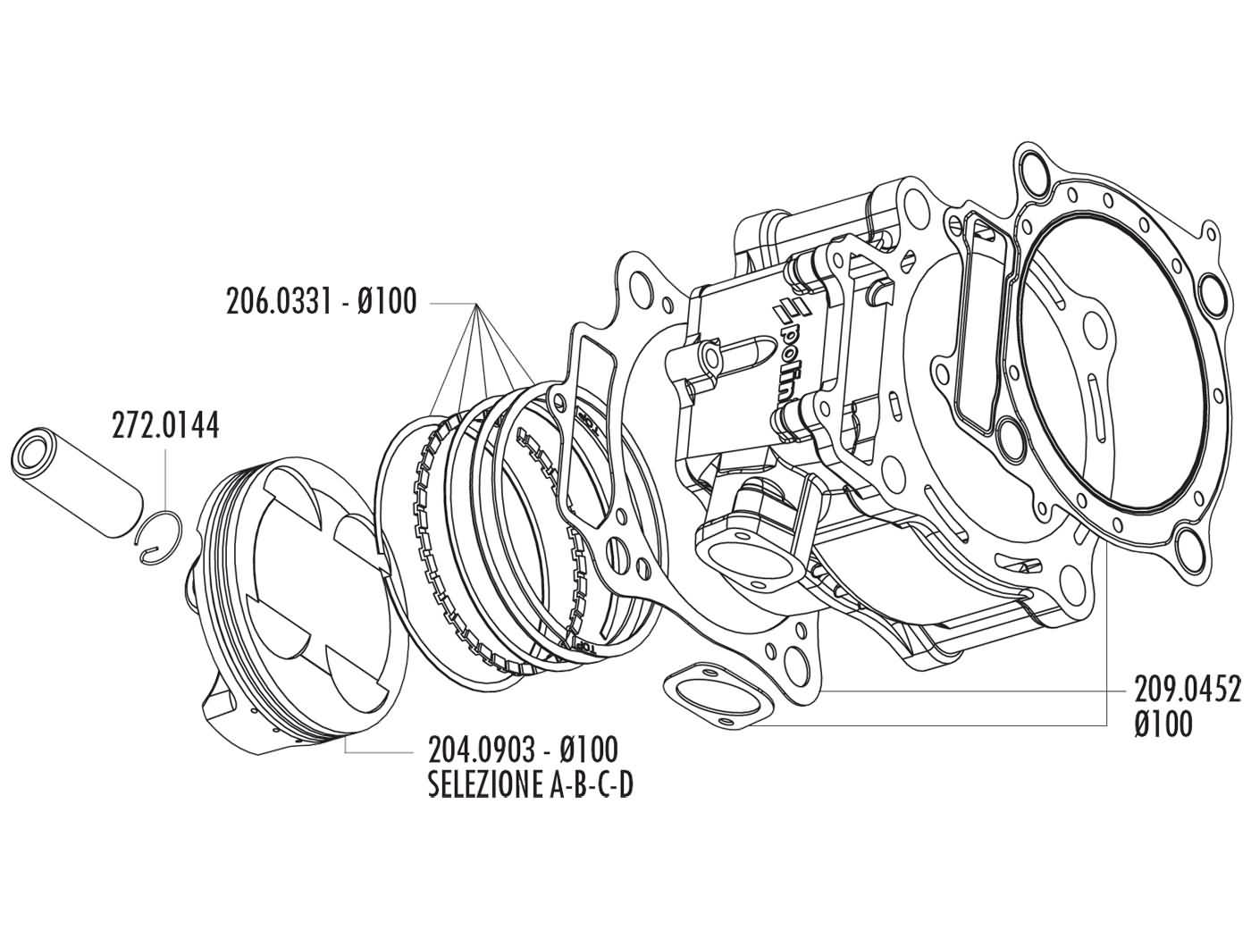 Stūmoklio komplektas Polini 490cc 100mm (B), skirtas Honda CRF 450 02-05