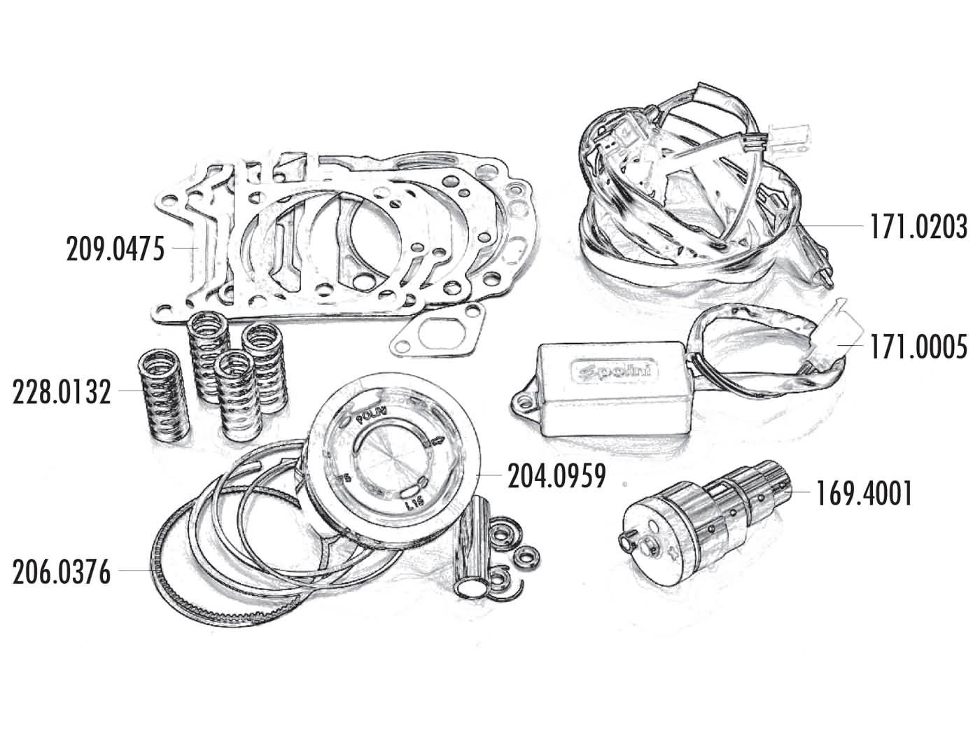 stūmoklio žiedų komplektas Polini 300cc 75mm, skirtas Piaggio 300ie 4T LC Quasar