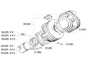 Cilindro tarpinių komplektas Polini racing, skirtas Ape, Vespa N, PK, Special, XL, ET3 50 2T