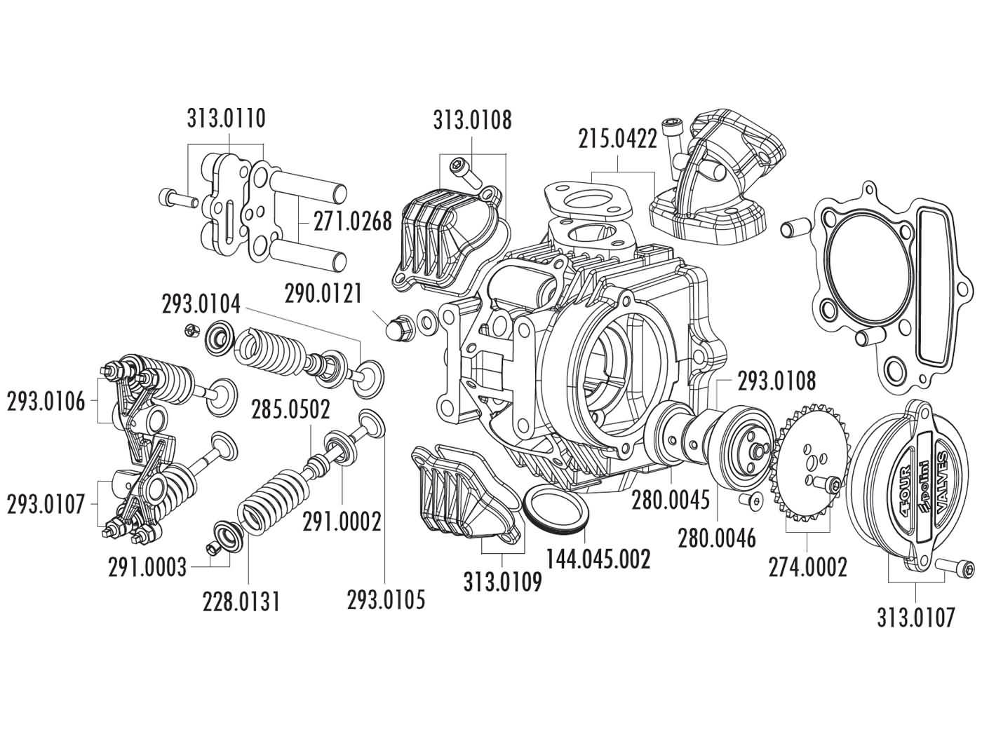 vožtuvo spyruoklių komplektas Polini 4V cilindro galvutei Honda XR 50, Polini XP4T