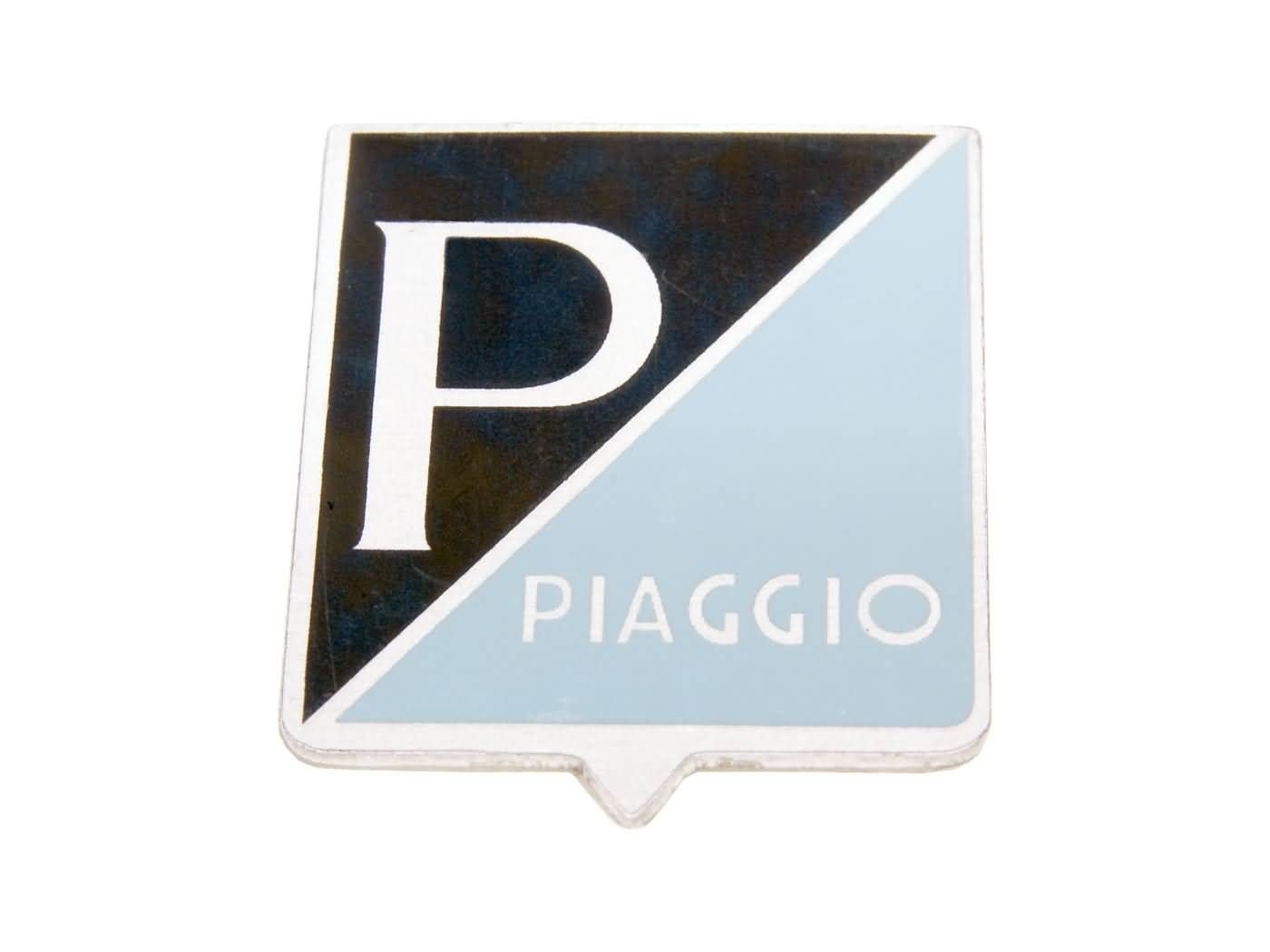 emblema / ženklelis Piaggio 25x31mm aliuminis, skirtas klijuoti Vespa 50, 50S, 50SS (-1968), 90, 90SS, 125 Primavera, Nuova (1966)