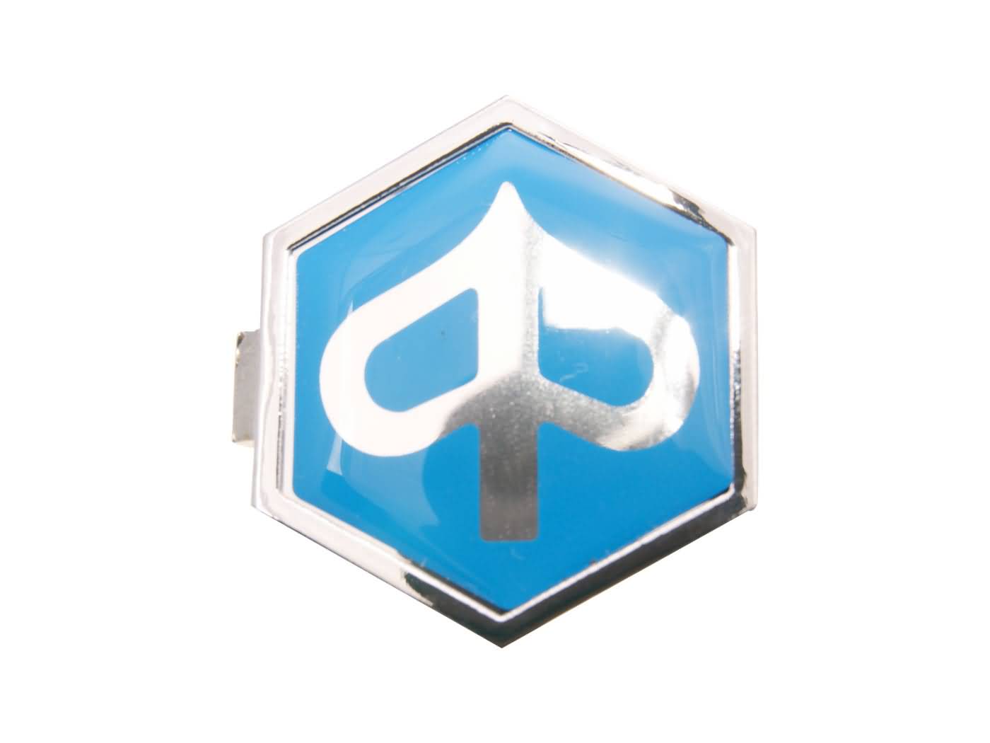 emblema / ženklelis Piaggio plokščias šešiakampis 32x37 mm į kištuką, mėlyna / sidabrinė