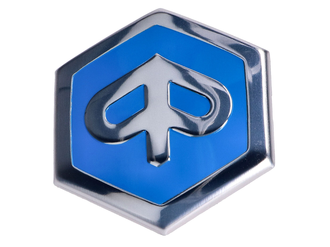 emblema / ženklelis Piaggio šešiakampis 42x48 mm, skirtas Piaggio Beverly, Carnaby, X7, X8, X10 kištukui