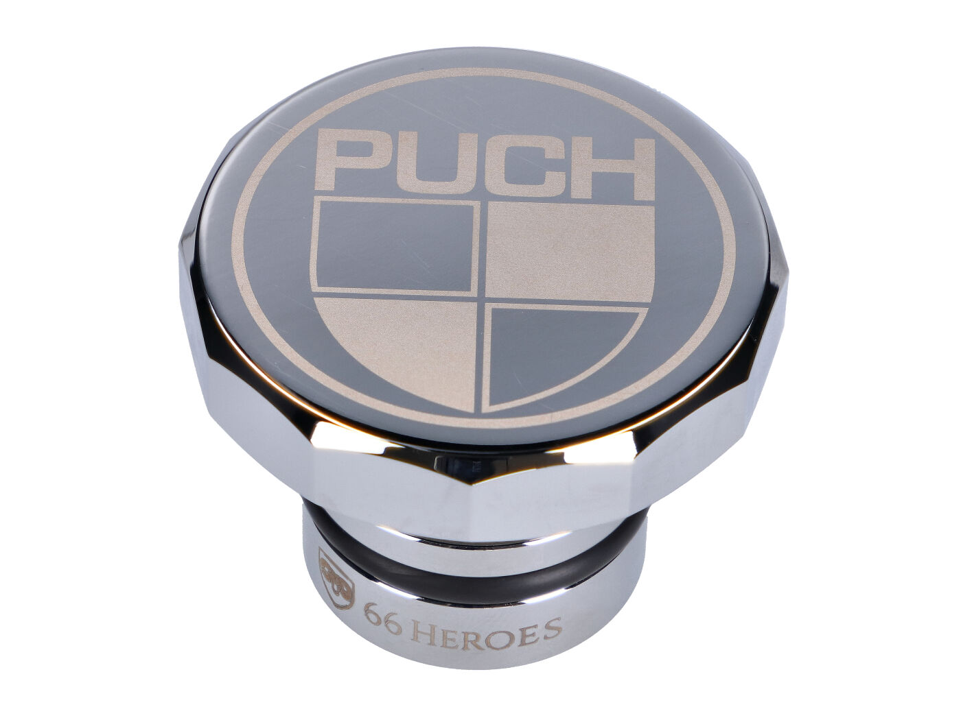 dujų dangtelis 66Heroes aliuminio chromuotas su Puch logotipu Puch Maxi S, N