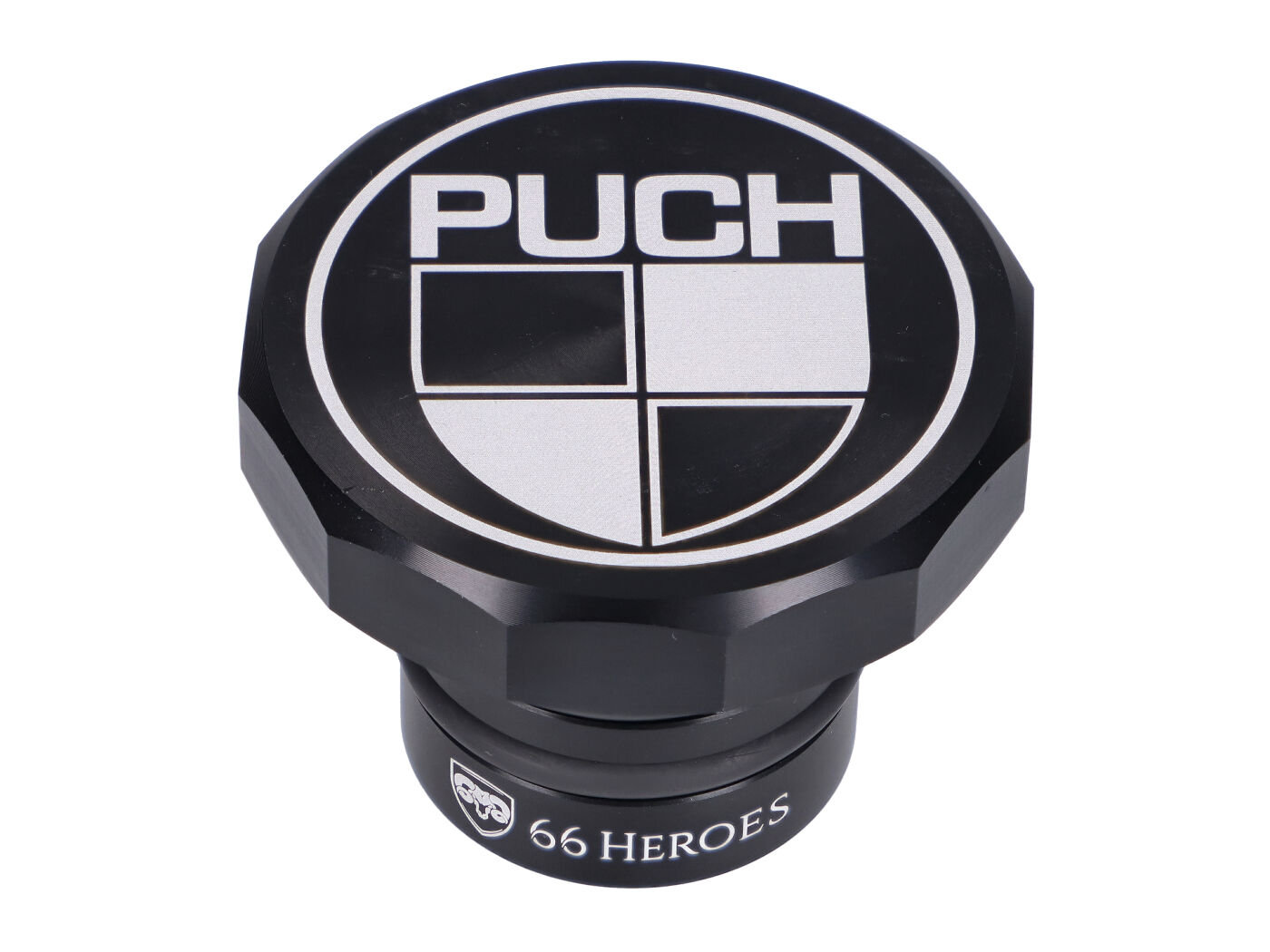 dujų dangtelis 66Heroes aliuminio juodas su Puch logotipu Puch Maxi S, N