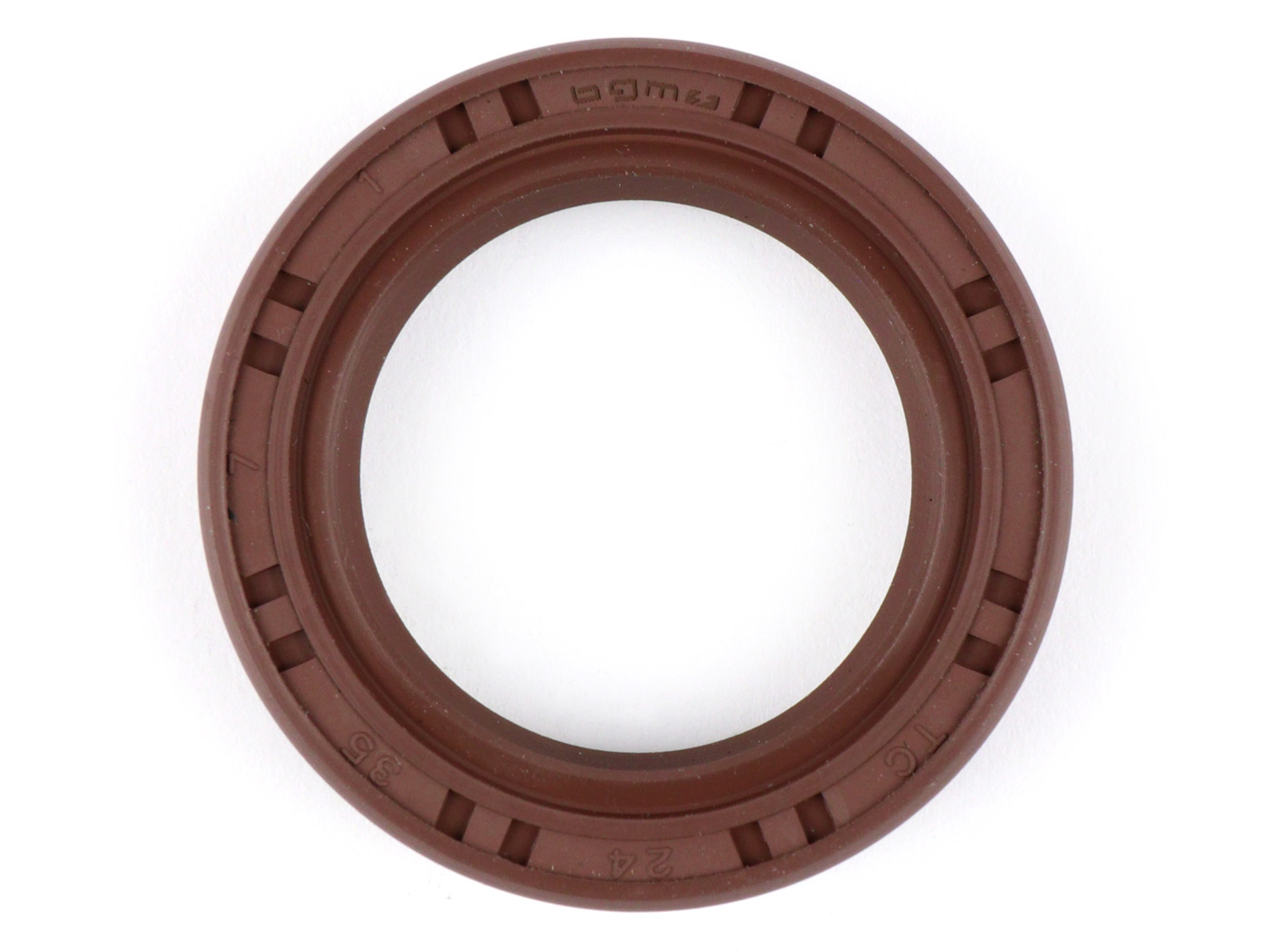 Riebokšlis (su dulkių lūpa) 24x35x7mm -BGM PRO FKM/ (atsparus E10/etanoliui)- naudojamas alkūniniam velenui Piaggio 125-180 cc 2-taktis (SKR, Runner, Dragster, TPH), tinka ir Vespa PX, ETS, T5, Cosa, LML Star 2T