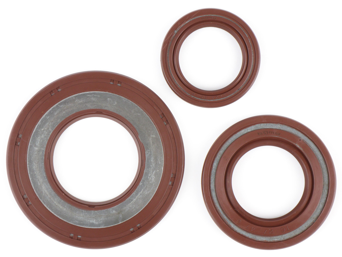 Alyvos sandariklių komplektas variklis -BGM PRO, FKM/Viton® (atsparus E10/etanoliui) guma, ruda- Vespa Largeframe PX (-1984), P80X, P125X, P150X, P200E, Rally200 (VSE1T, 33997-), Sprint, Veloce1,5 (VLB1T,294260-), GTR125 (VNL2T, 145901-), TS125 (VNL3T, 18139-) – ex