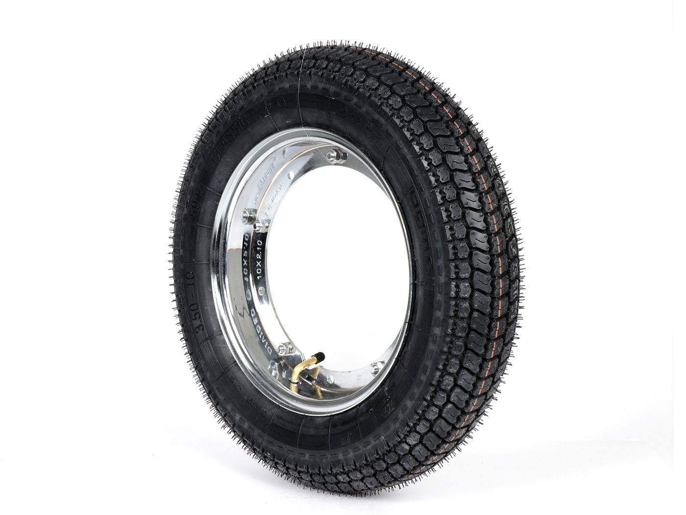 Ratų surinkimas (padanga sumontuota ant ratlankio, paruošta važiuoti) -BGM Classic, Vespa Largeframe PX, Sprint, Rally, GT, GTR, TS, T4, LML Star/Stella- 3,50 - 10 colių TT 59P (sustiprinta) - ratlankio plienas, dažytas 2.10- 10 - chromas
