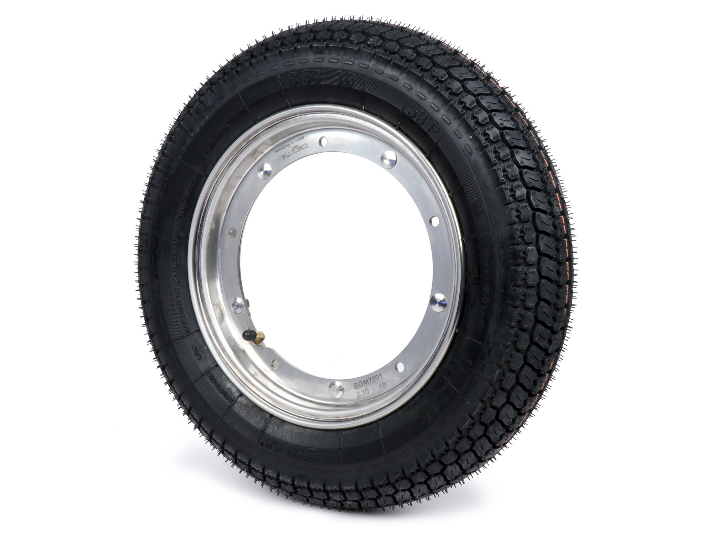 Ratų surinkimas (padanga sumontuota ant ratlankio, paruošta važiuoti) -BGM Classic, Vespa Largeframe PX, Sprint, Rally, GT, GTR, TS, T4, LML Star/Stella- 3,50 - 10 colių TT 59S (sustiprintas) - ratlankis nerūdijantis plienas 2,10 -10-