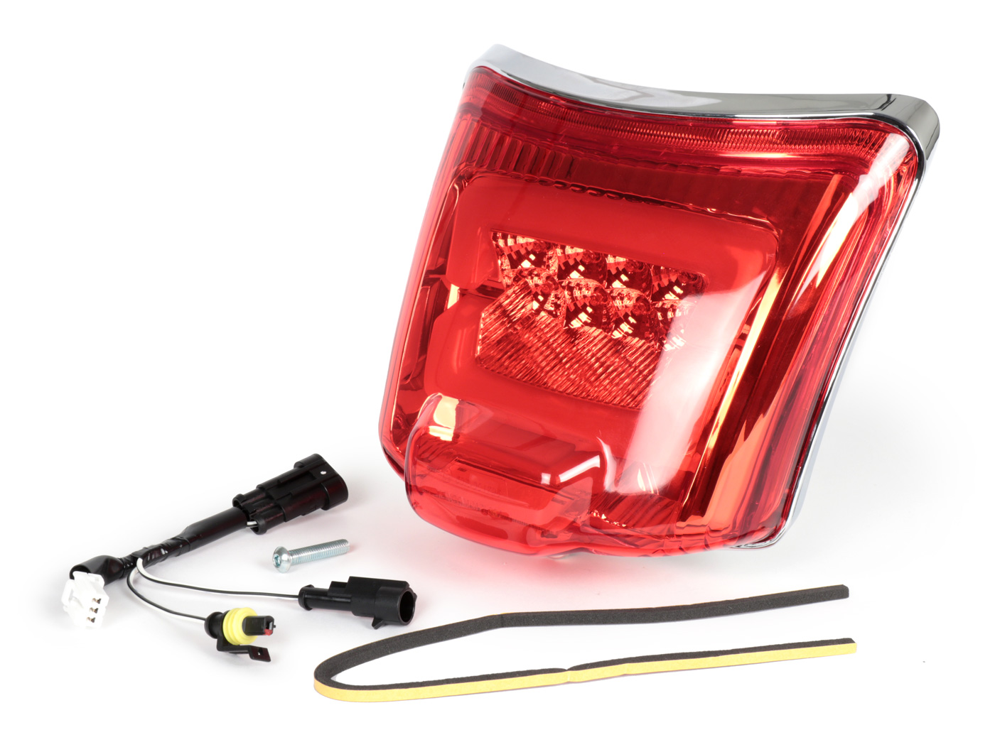 Galinis žibintas įsk. rėmas -MOTO NOSTRA, LED Â´BoulderÂ´- Vespa GTS (2019-) GTS125 iGet, GTS300 HPE, GTS SUPER 125/300 HPE, GTS SUPERSPORT 125/300, GTS SUPERTECH 125/300 chromas raudonas