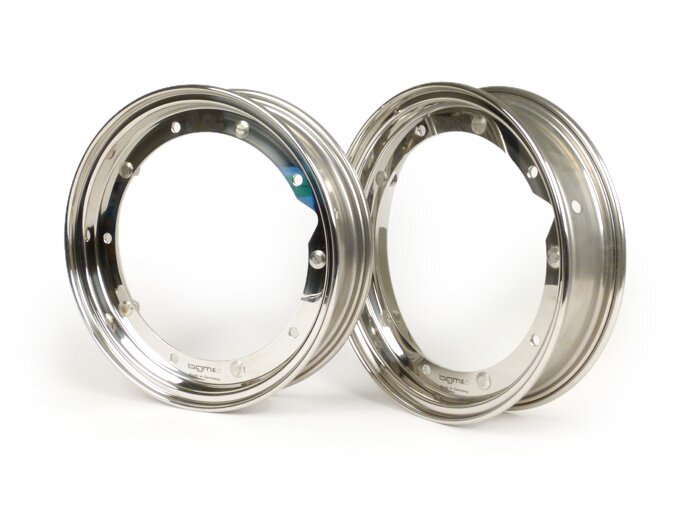 Ratų ratlankių pora -BGM PRO 2,10-10 colių- Vespa (tipas PX) - Vespa Smallframe V50, 50N, Specialus, PV, ET3, PK50-125 (S/XL/XL2), Largeframe PX, T5, Sprint, Rally, GT/GTR, LML Star, Deluxe – nerūdijantis plienas, poliruotas