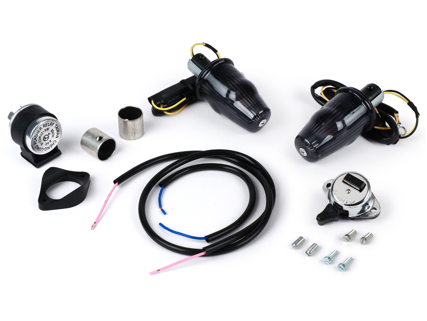 Vairo indikatorių keitimo komplektas -MOTO NOSTRA, LED, pažymėtas E, 6 voltai- Vespa Smallframe V50, 50N, PV, ET3, Largeframe Rally, Sprint, TS, GT, GTR, SS180 - Ø=24mm - juodas