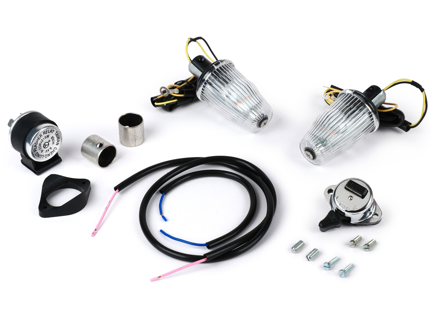 Vairo indikatorių keitimo komplektas -MOTO NOSTRA, LED, pažymėtas E, 6 voltai- Vespa Smallframe V50, 50N, PV, ET3, Largeframe Rally, Sprint, TS, GT, GTR, SS180 - Ø=24mm - bespalvis