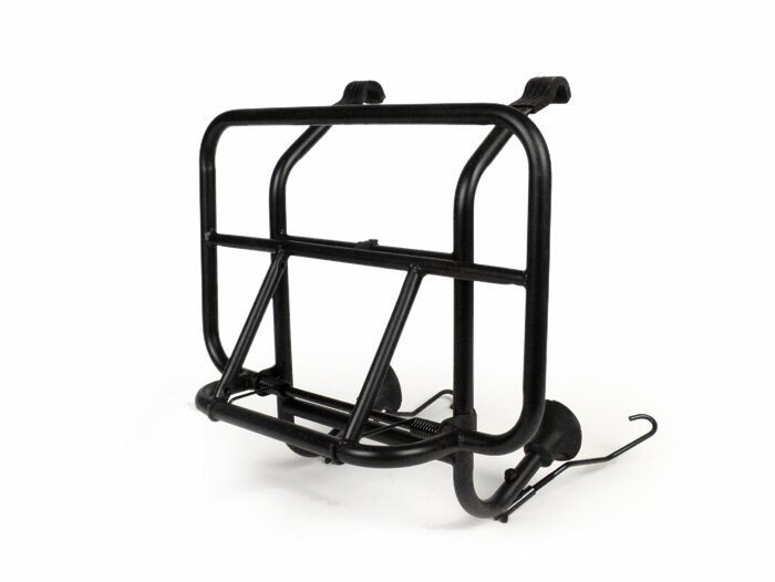 bagažinės priekinė Moto Nostra sulankstoma juoda, skirta Vespa Smallframe V50, PV125, PK XL2 Largeframe Rally180, 200, Sprint150, TS125, GT125, GTR125, PX80, PX125, 150, 200