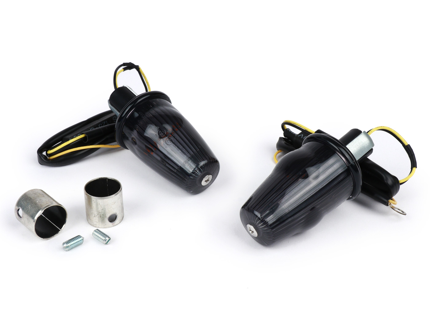Vairo indikatorių keitimo komplektas -MOTO NOSTRA, LED, pažymėtas E, 12 voltų- Vespa Smallframe PK S/XL/XL2/HP, Largeframe PX, T5, LML - Ø=24mm - juodas