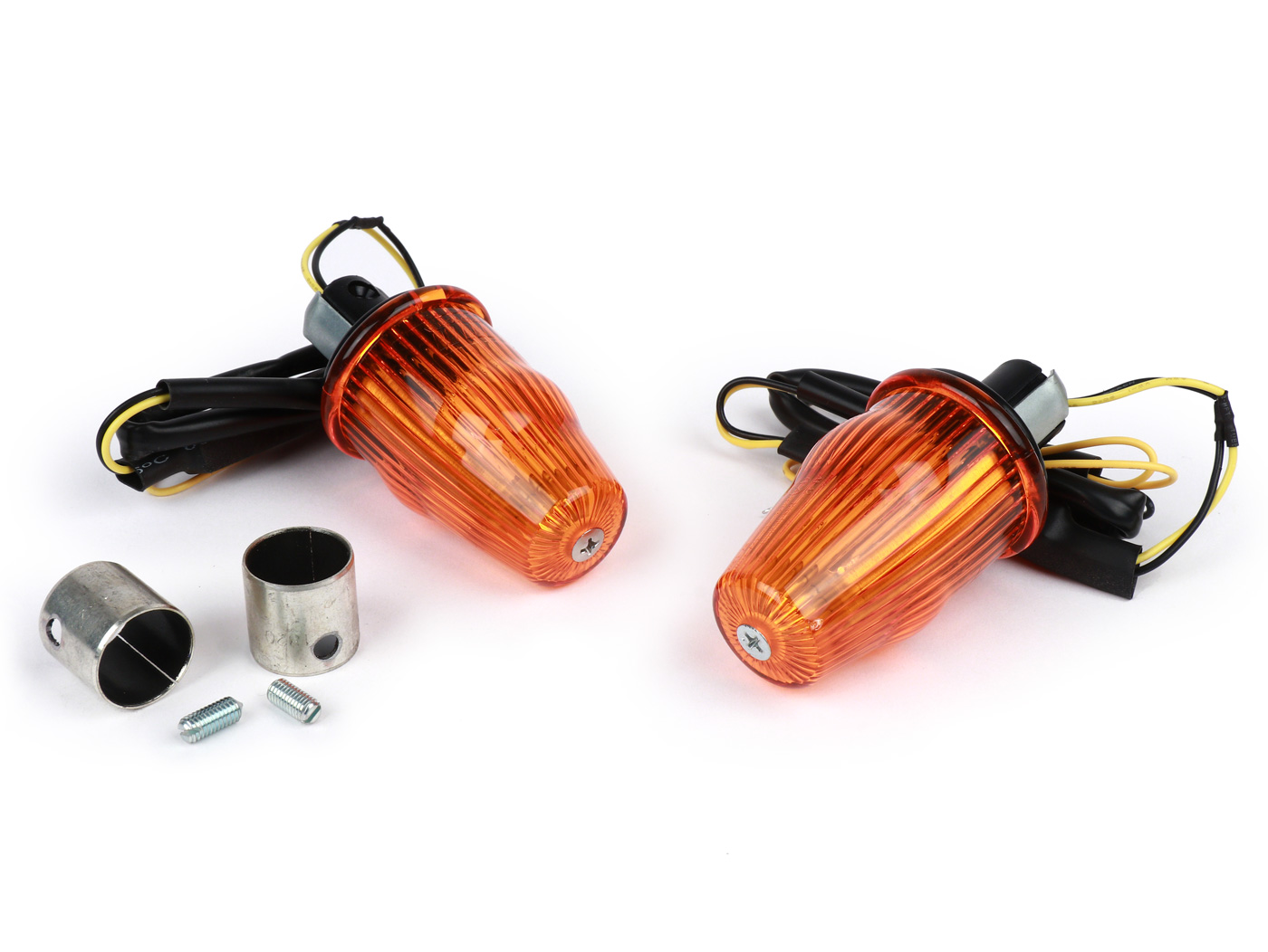 Vairo indikatorių keitimo komplektas -MOTO NOSTRA, LED, pažymėtas E, 12 voltų- Vespa Smallframe PK S/XL/XL2/HP, Largeframe PX, T5, LML - Ø=24mm - gintaras