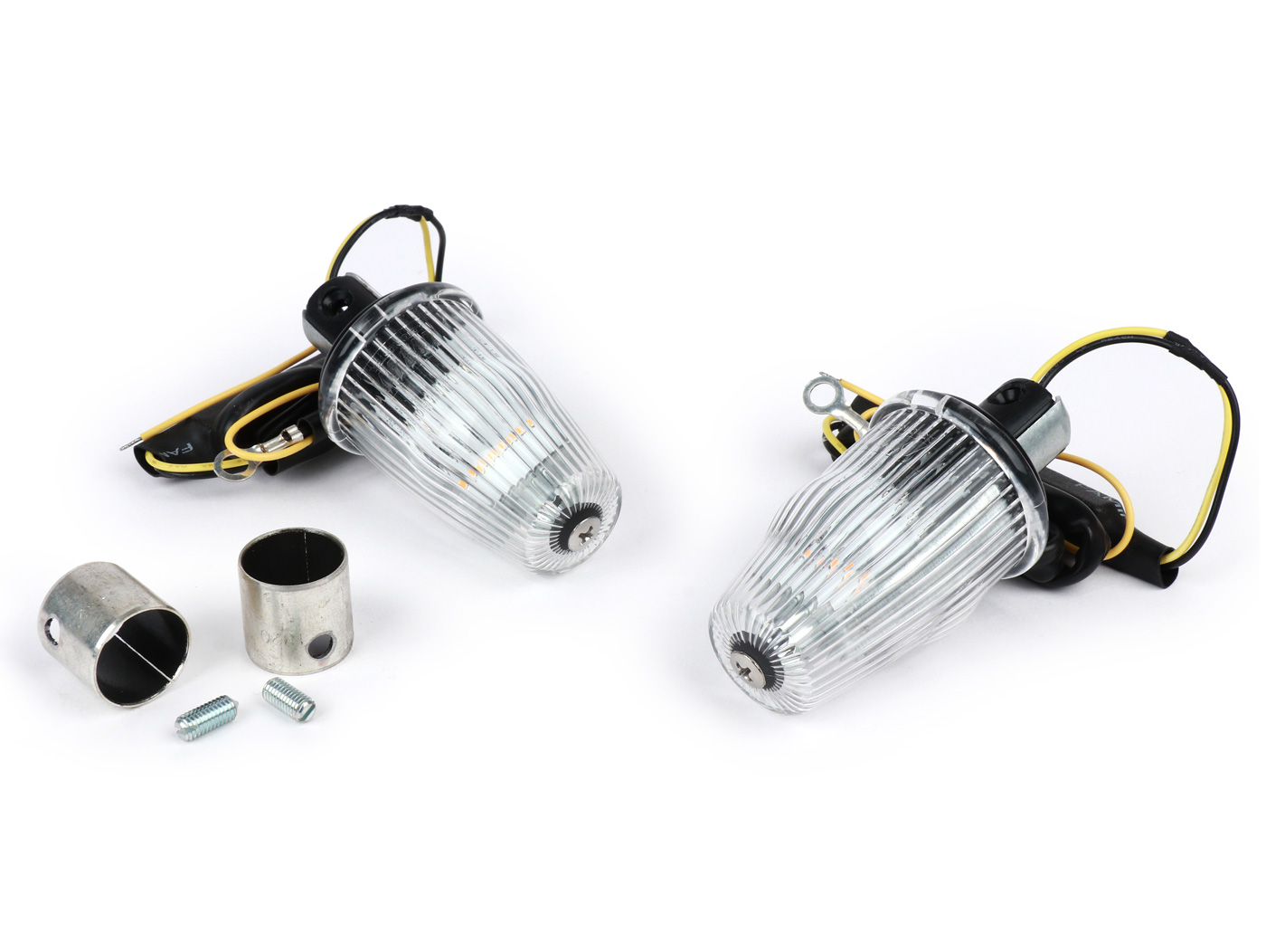 Vairo indikatorių keitimo komplektas -MOTO NOSTRA, LED, pažymėtas E, 12 voltų- Vespa Smallframe PK S/XL/XL2/HP, Largeframe PX, T5, LML - Ø=24mm - bespalvis