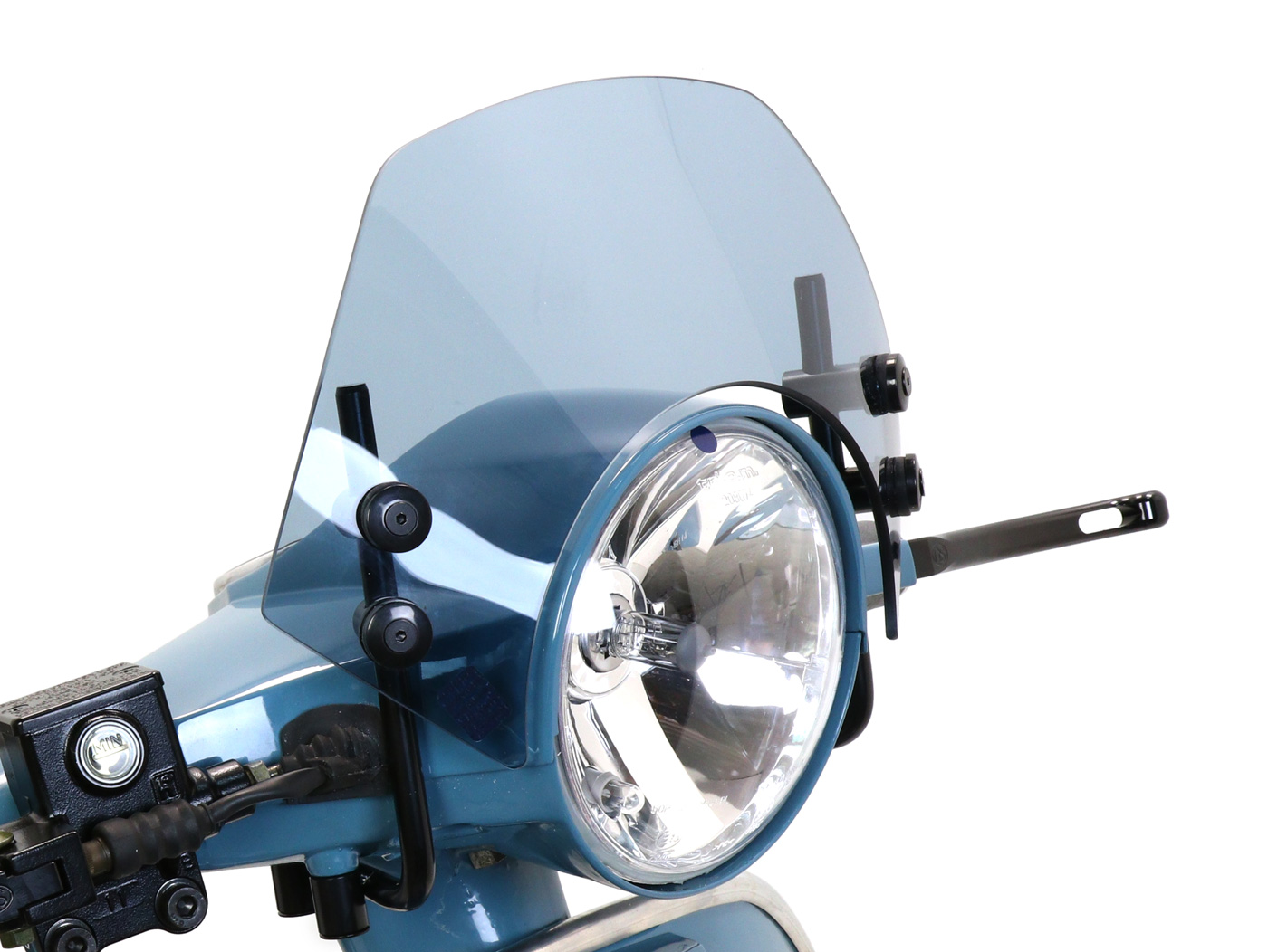 Sklypas su juodais laikikliais -MOTO NOSTRA, p=340mm, h=105mm- Vespa PX80, PX125, PX150, PX200, LML 125/150 Star/Stella - dūmų pilka