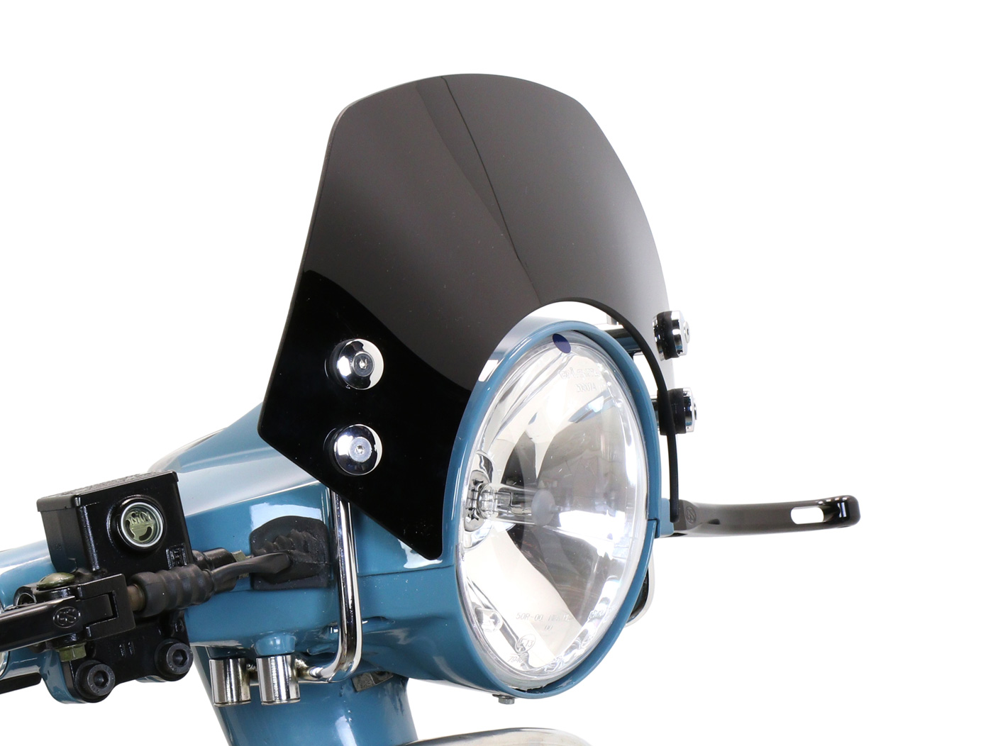 Flyscreen su chromuotais laikikliais -MOTO NOSTRA, p=340mm, h=105mm- Vespa PX80, PX125, PX150, PX200, LML 125/150 Star/Stella - juoda