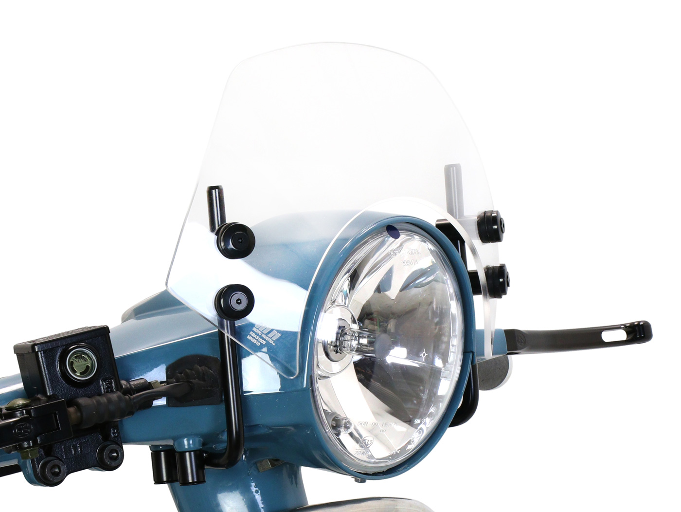 Flyscreen su juodais laikikliais -MOTO NOSTRA, p=340mm, h=105mm- Vespa PX80, PX125, PX150, PX200, LML 125/150 Star/Stella - bespalvis
