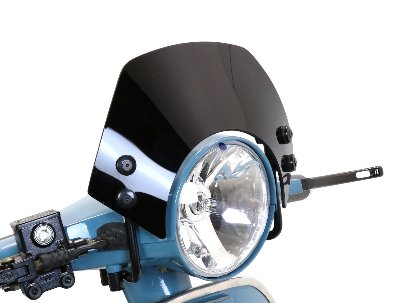 Sklypas su juodais laikikliais -MOTO NOSTRA, p=340mm, aukštis=105mm- Vespa PX80, PX125, PX150, PX200, LML 125/150 Star/Stella - juoda