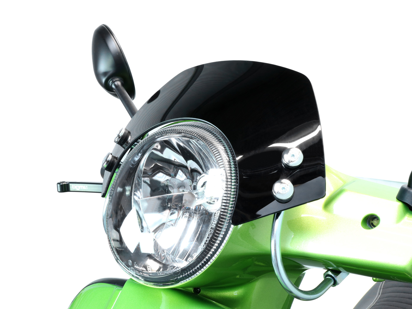 Flyscreen su chromuotais laikikliais -MOTO NOSTRA, p=340mm, h=105mm- Vespa GT, GTL, GTS, GTS Super 125-300cc - juoda