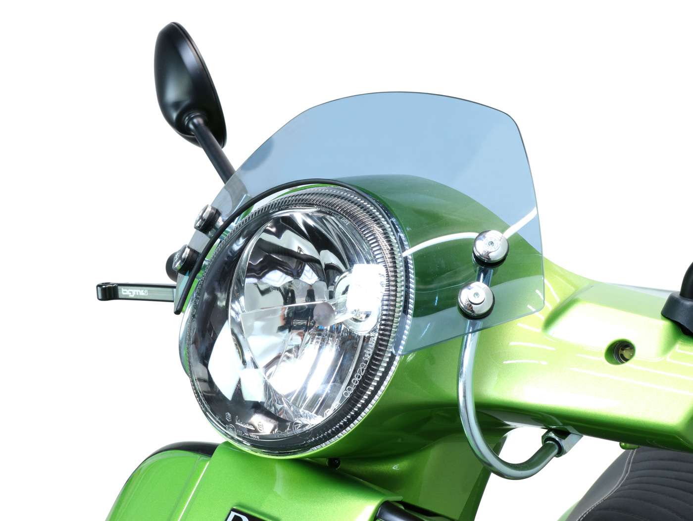 Flyscreen su chromuotais laikikliais -MOTO NOSTRA, p=340mm, h=105mm- Vespa GT, GTL, GTS, GTS Super 125-300cc - dūmų pilka