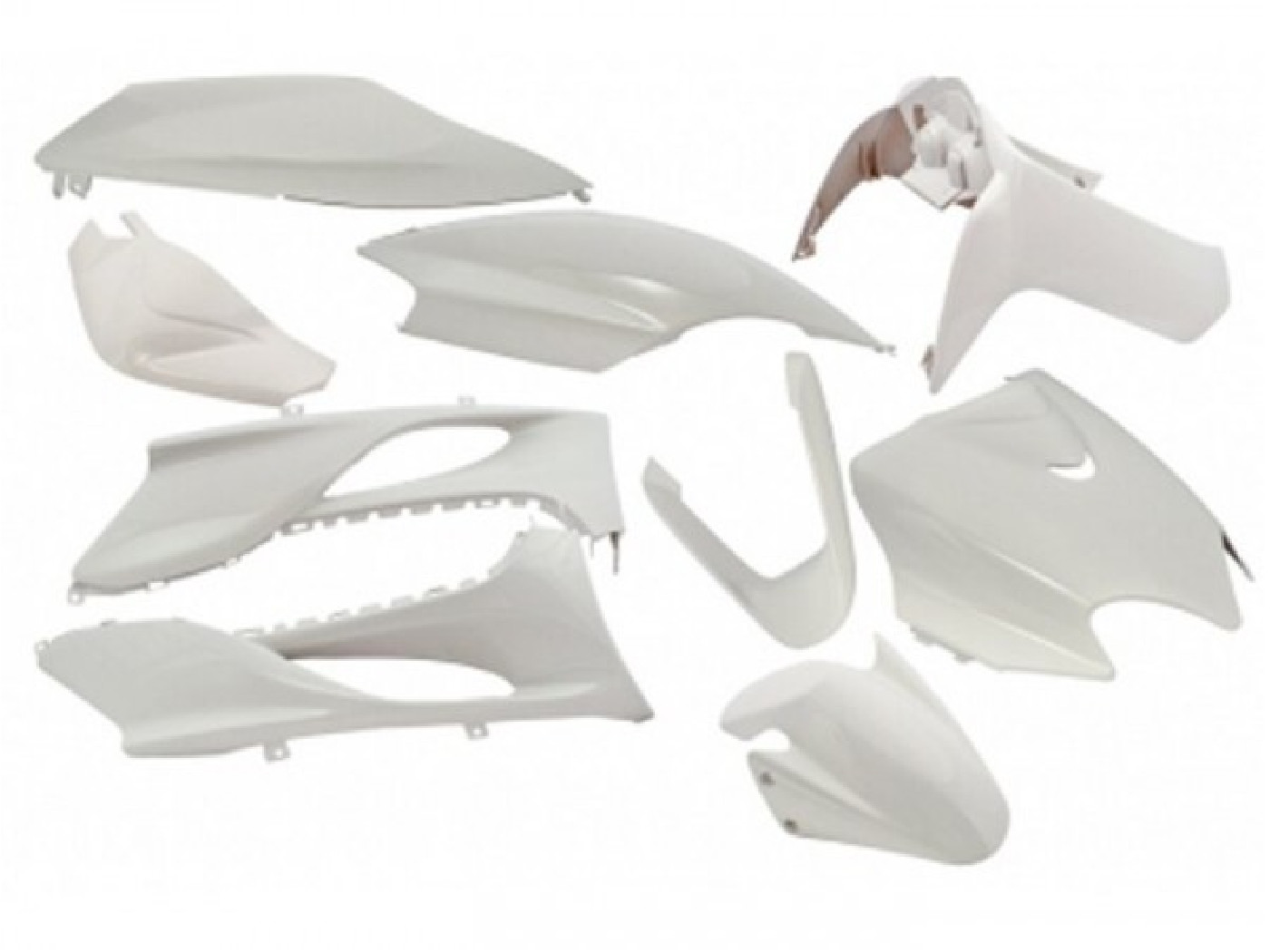 EDGE 9 dalių baltas metalinis plastikų komplektas, skirtas MBK Mach G, Yamaha Jog R, Jog R