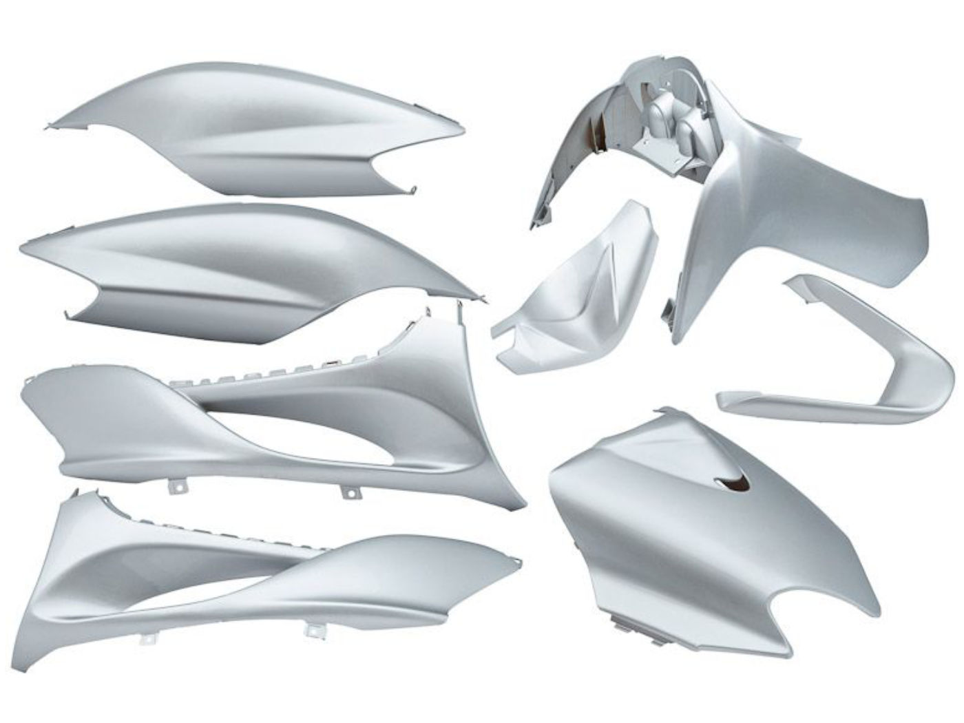 plastikų komplektas EDGE 9 dalių sidabrinis metalinis, skirtas MBK Mach G, Yamaha Jog R, Jog RR 50cc 2 taktams