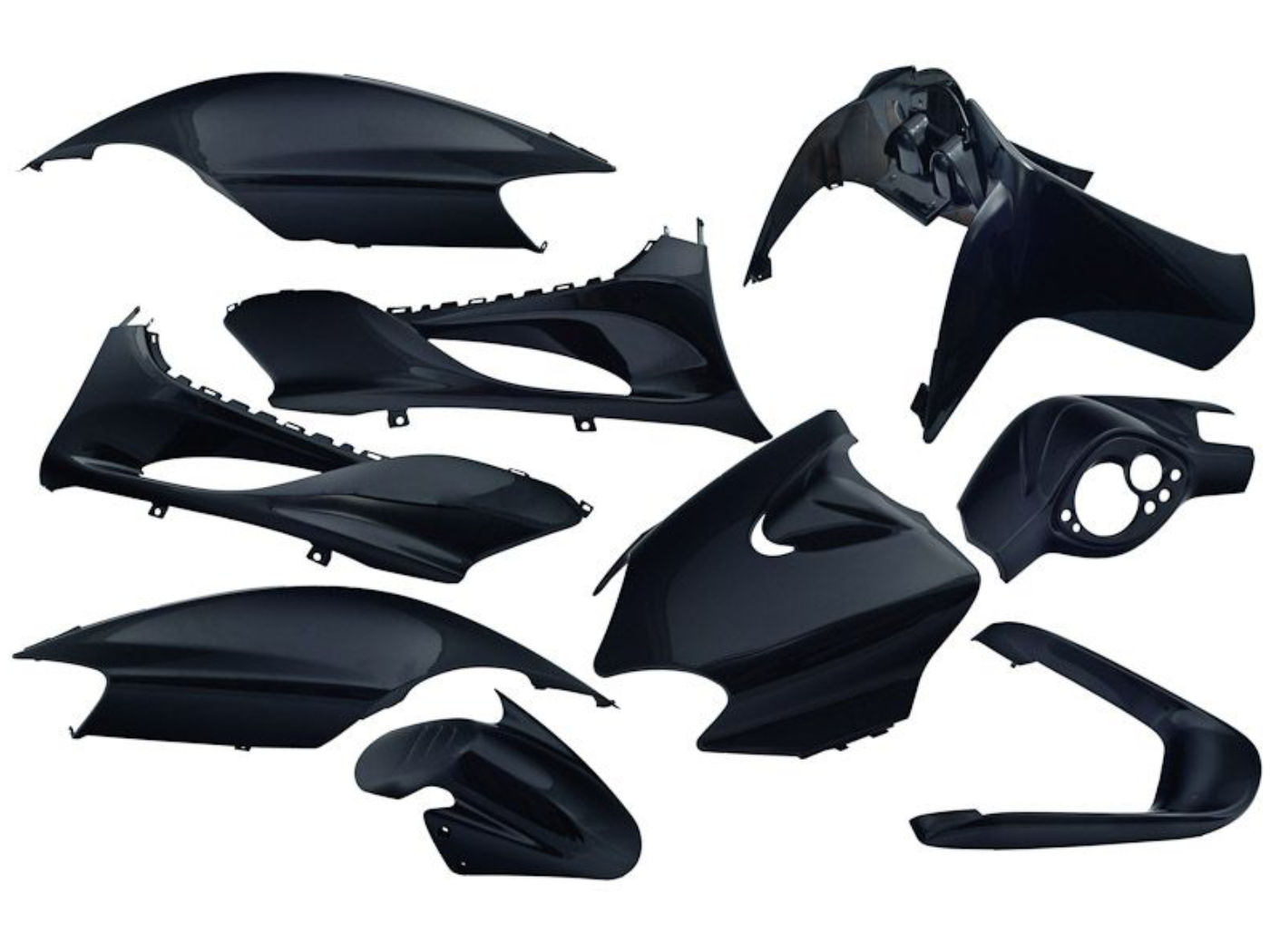 plastikų komplektas EDGE 9 dalių juodas metalinis, skirtas MBK Mach G, Yamaha Jog R, Jog RR 50cc 2 taktams
