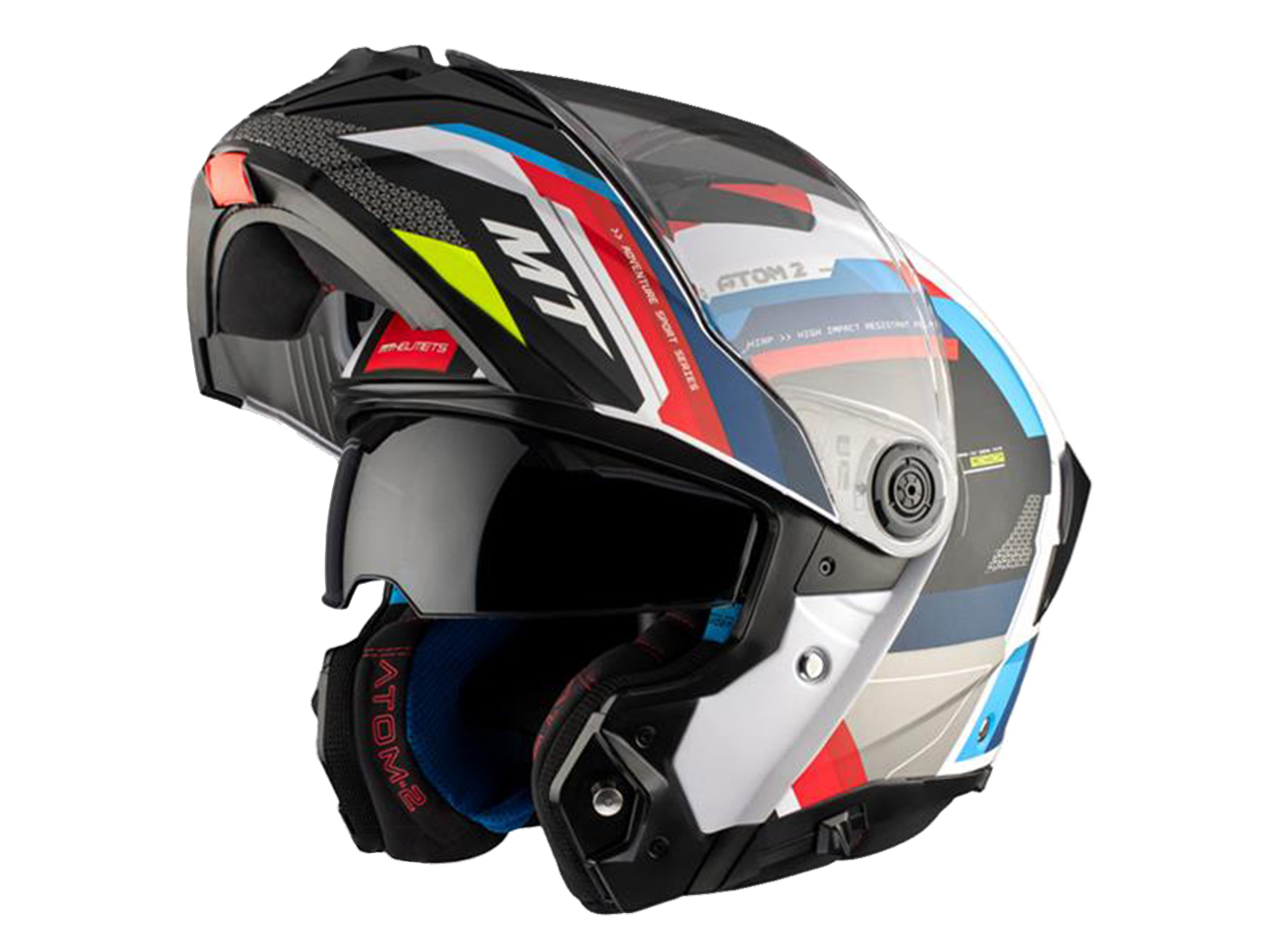 šalmas MT Atom 2 SV atverčiamas šalmas baltas/mėlynas/raudonas matinis S dydis (55-56cm)