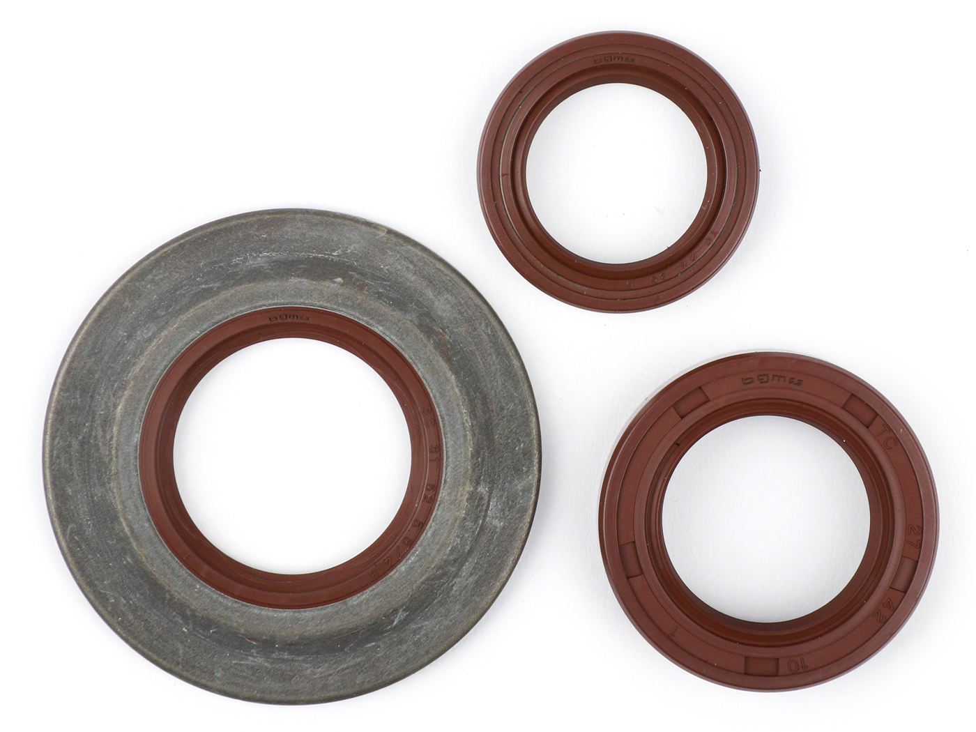 variklio veleno sandariklių komplektas BGM PRO, FKM/Viton® (atsparus E10) metalinis, rudas (ypač plokščias, 3,5 mm), galinio rato Riebokšlis 27x42x10 mm, skirtas Vespa Largeframe PX Lusso (1993-), PX80, PX125, PX150, T5200 125cc, MY, 98, Cosa, LML125 / 150 žvaigždė (dvitaktis)