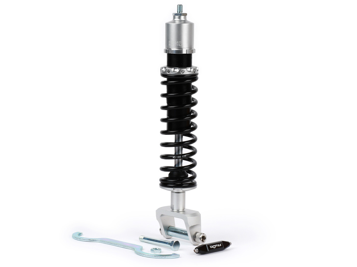 galinis amortizatorius BGM PRO SC/R1 SPORT, 330mm juodas/sidabras skirtas Vespa PX80, PX125, PX150, PX200, T5 125cc, Rally180, Rally200, Sprint150, TS125, GT125, GTR15, V50, GTR15, V50
