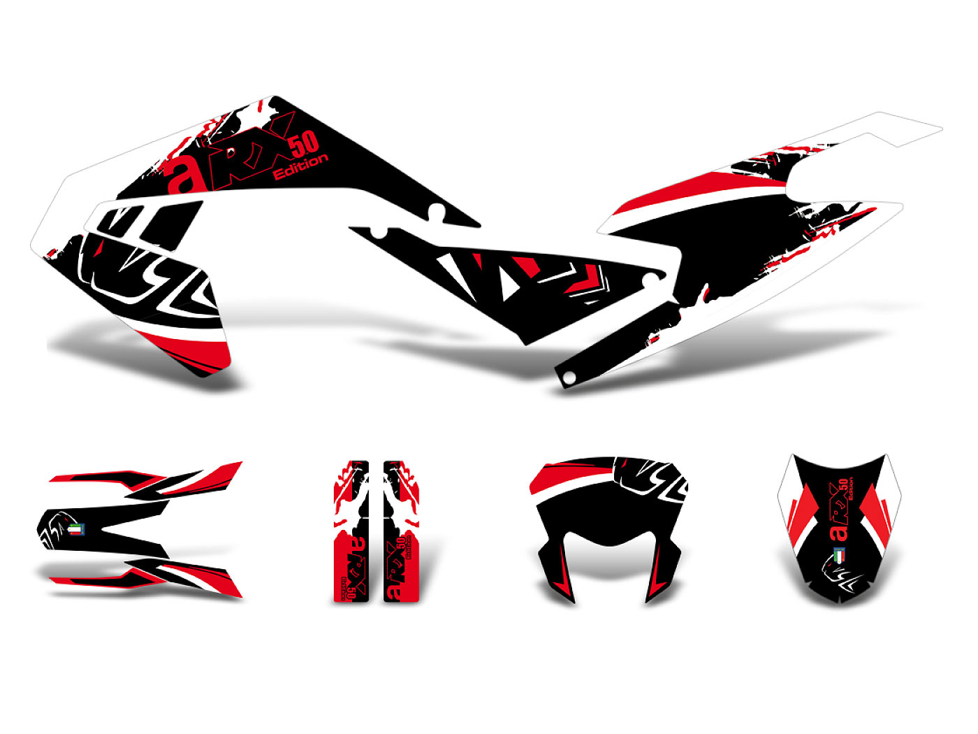 Lipdukų komplektas juoda-balta-raudona blizgus Aprilia RX50 2018- Euro4