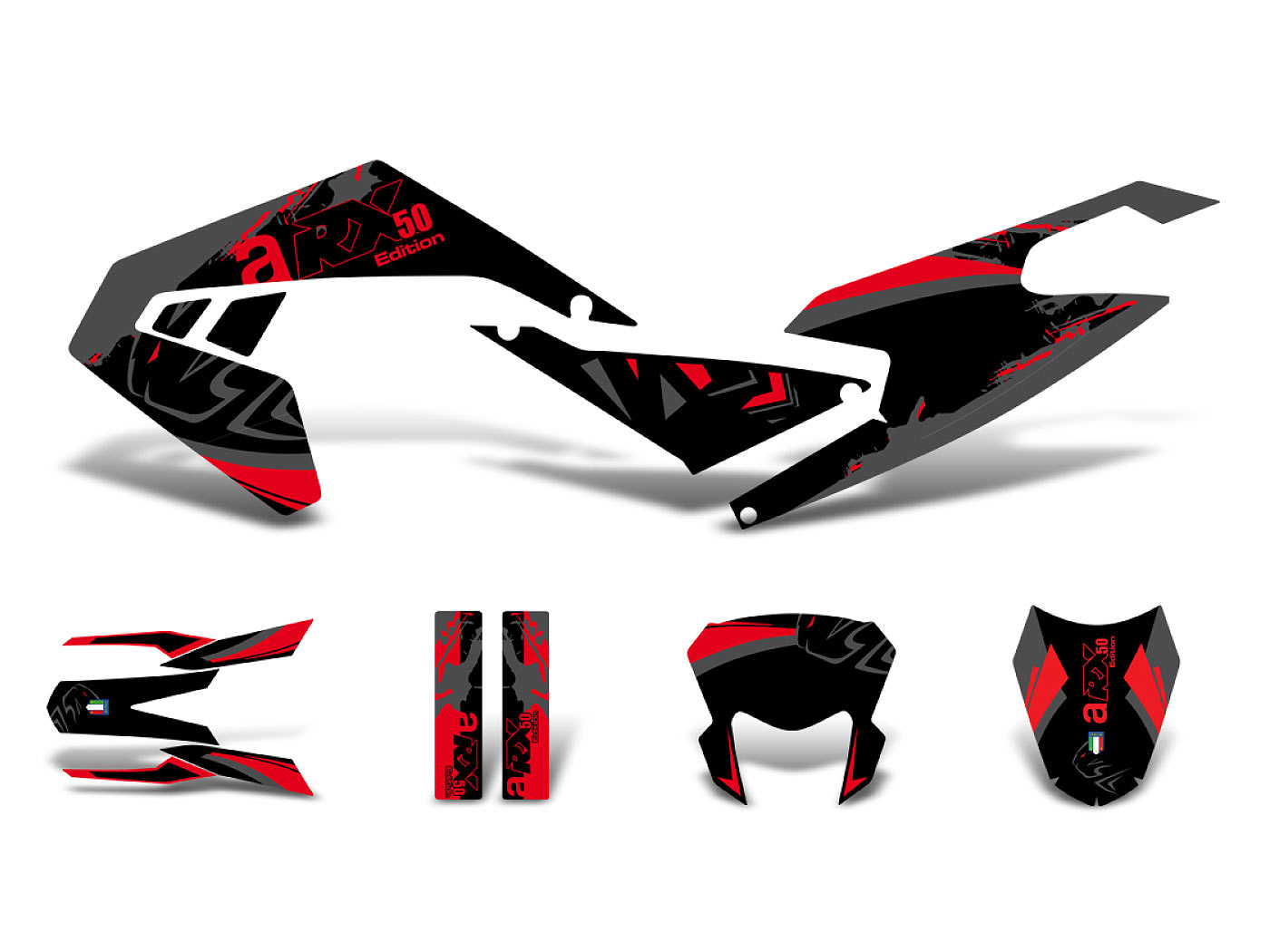 Lipdukų komplektas juoda-raudona-pilka blizgus Aprilia RX50 2018- Euro4