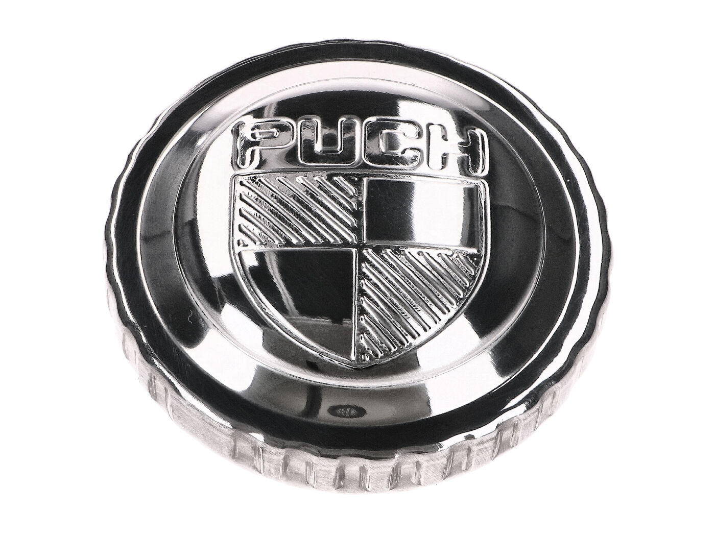 degalų bako dangtelis, chromuotas, su Puch logotipu, skirtas Puch Maxi