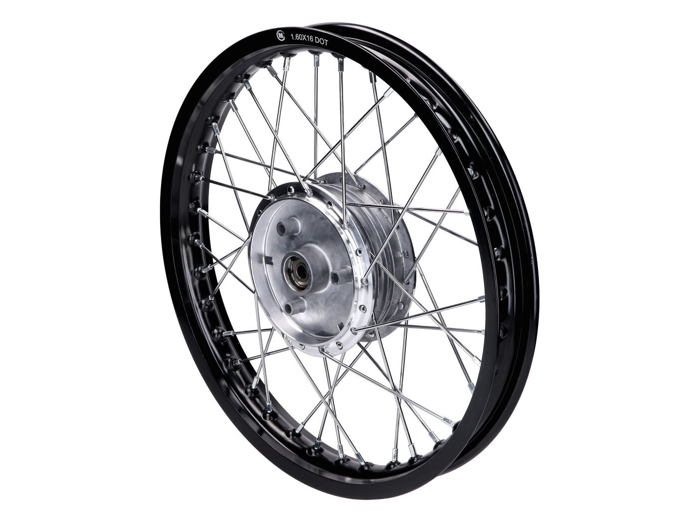 stipinų ratas 1,60 x 16 aliuminio juodas, skirtas Simson S50, S51, S53, S70, S83, KR51/1, KR51/2 Schwalbe, SR4-1 Spatz, SR4-2 Star, SR4-3 Sperber, SR4-4 Habicht