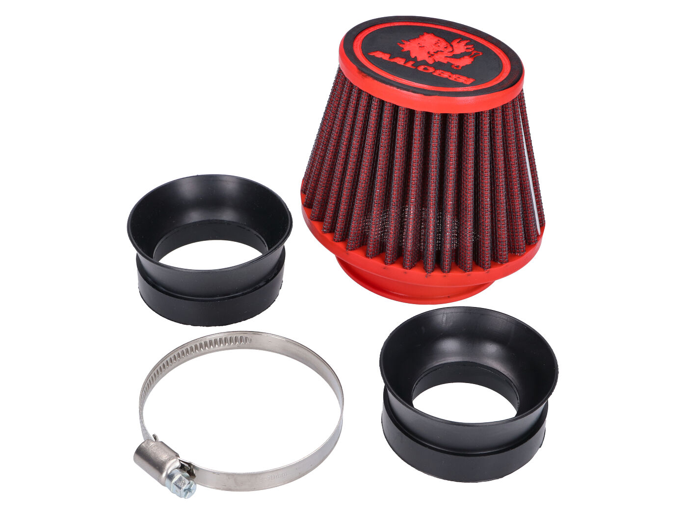 oro filtras Malossi raudonas filtras E18 racing 42, 50, 60mm tiesus, raudonai juodas Dellorto PHBH, Mikuni, Keihin karbiuratoriui