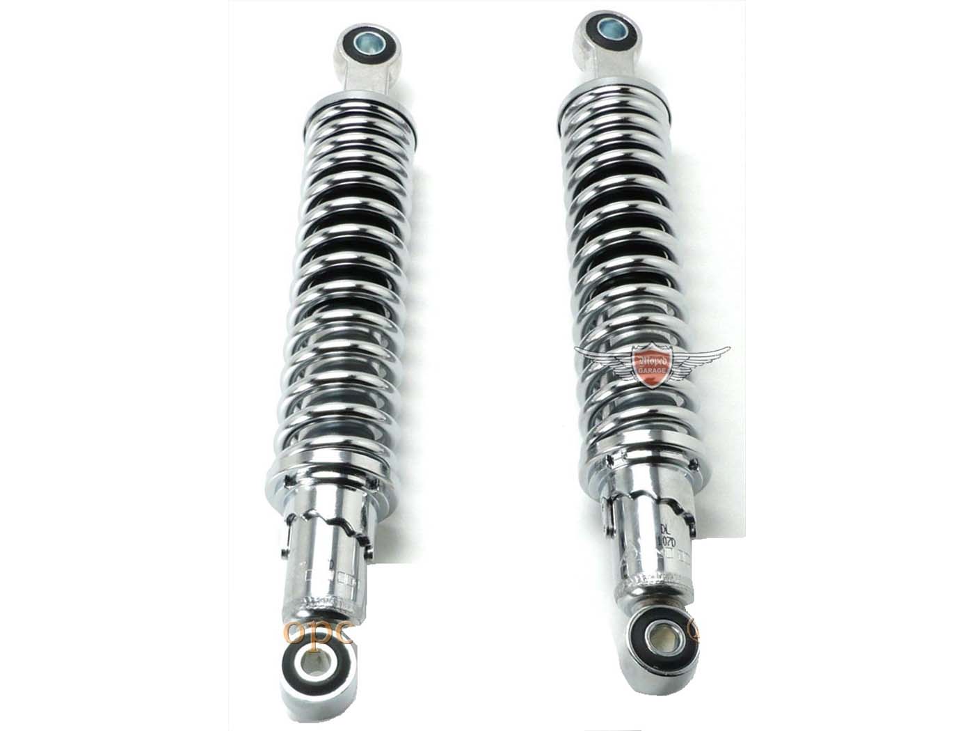 Amortizatorius chromuotas 310 mm hidraulinis 5 krypčių reguliuojamas 10 mm/12 mm įvorės, skirtos Zündapp GTS, C 50 Sport, KS, Hercules, Kreidler, Puch, Yamaha DT M, MX, RD Honda MT, MB