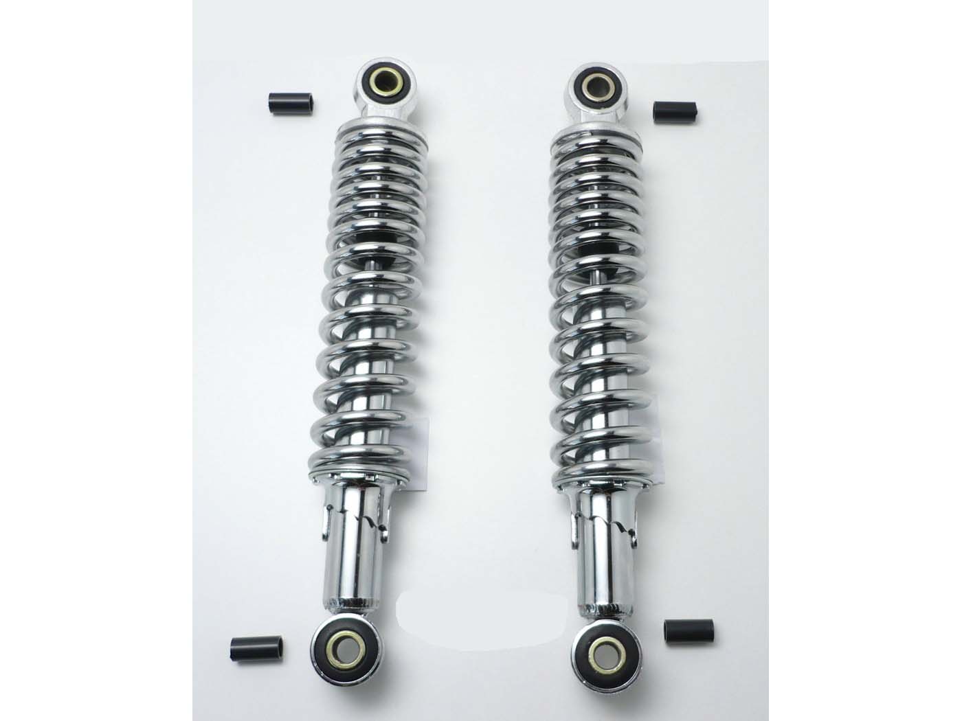 Amortizatorius chromas 310mm 5 kryptimis reguliuojamas 10mm plastikinis adapteris 8mm Kreidler, Zündapp, Hercules, Puch