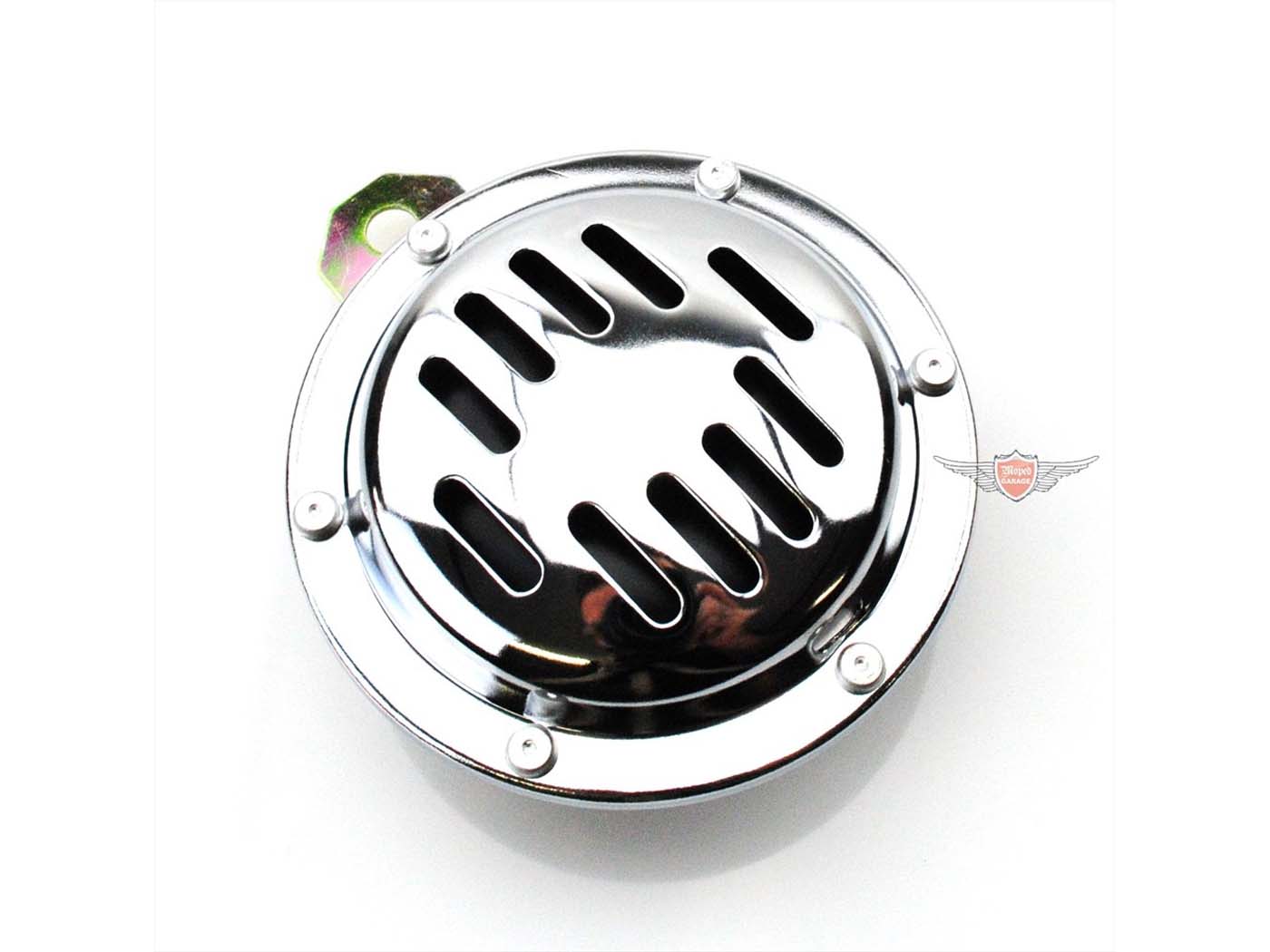Garsas 12V 100mm chromas 100dB, skirtas RT125/1, RT125/2, RT125/3, ES125, ES150, ES175, ES175/1, ES175/2, ES250, ES250/1, ES250/2, ETS,/2, ETS21,5, ETS21,5 1, ETS150, ETS150/1, ETZ, ETZ125, ETZ150, TS, TS125, TS150, TS250, AWO S, Sportas, T, Touring, AWO-S, AWO-S