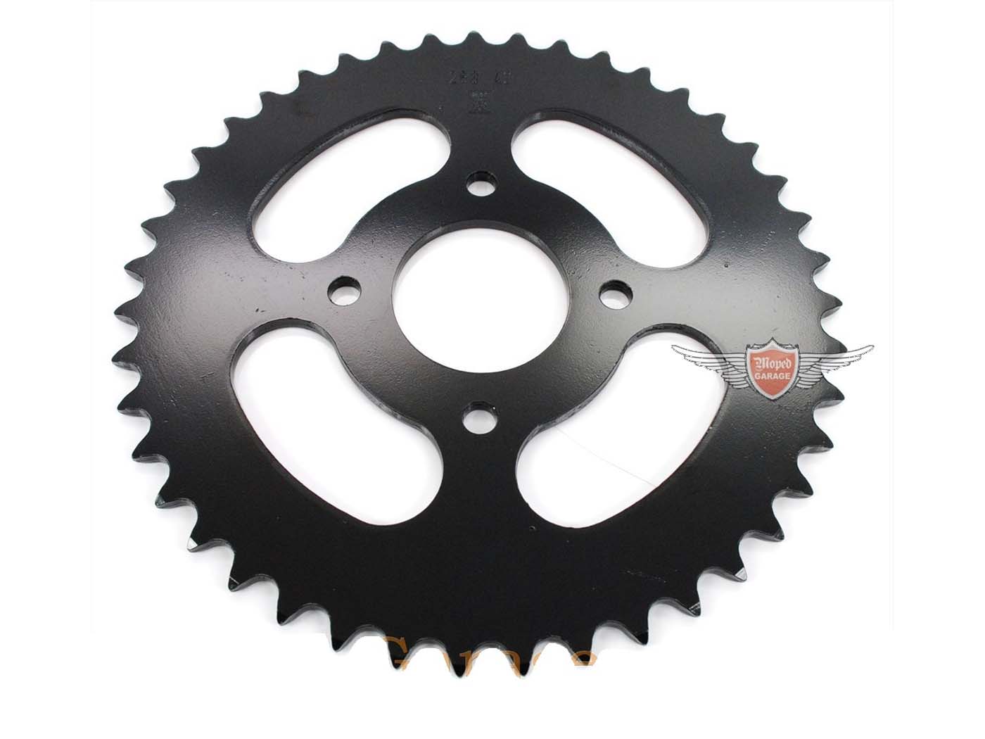 Žvaigždutė Esjot plieno 43 dantų juoda 4 skylės Hercules Prima 1, 2, 3, 4, 5, 6, MP MF M HR Hobby Rider, P MX SX, Optima Pronto, Presto, Garelli Cross 40, KTM 505 Automatinis, 2 greičiai, Zündapp A 25 Automatinis tipas 460-01, 460-02