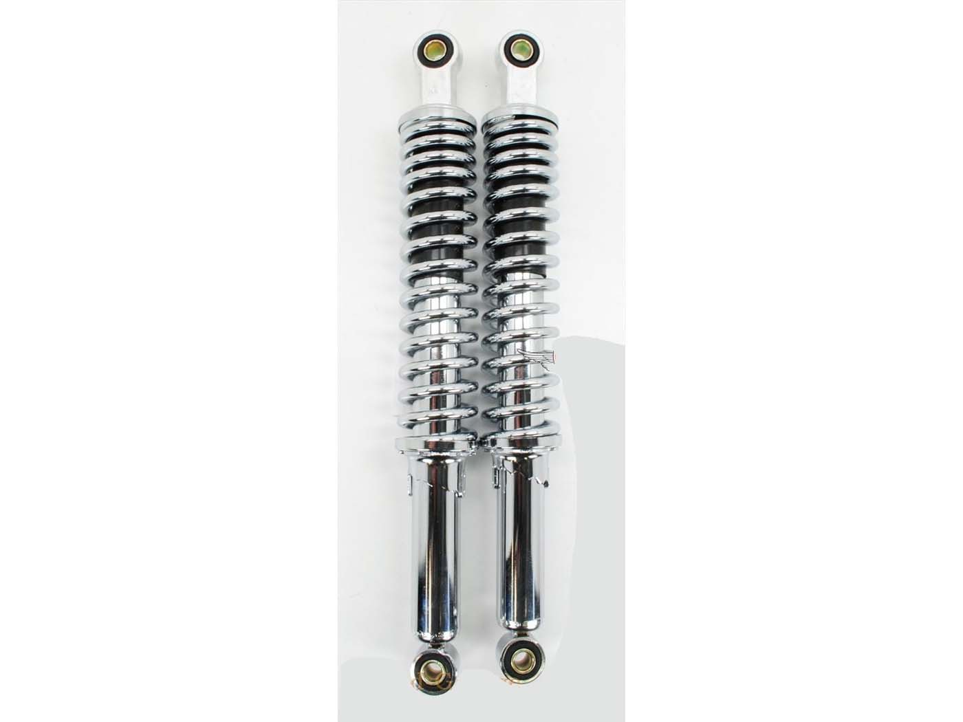 Amortizatorius chromas 395mm hidraulinis 5 krypčių reguliuojamas 10mm/12mm įvorės Zündapp, Hercules, Kreidler, Puch, mopedui, mopedui, mokick