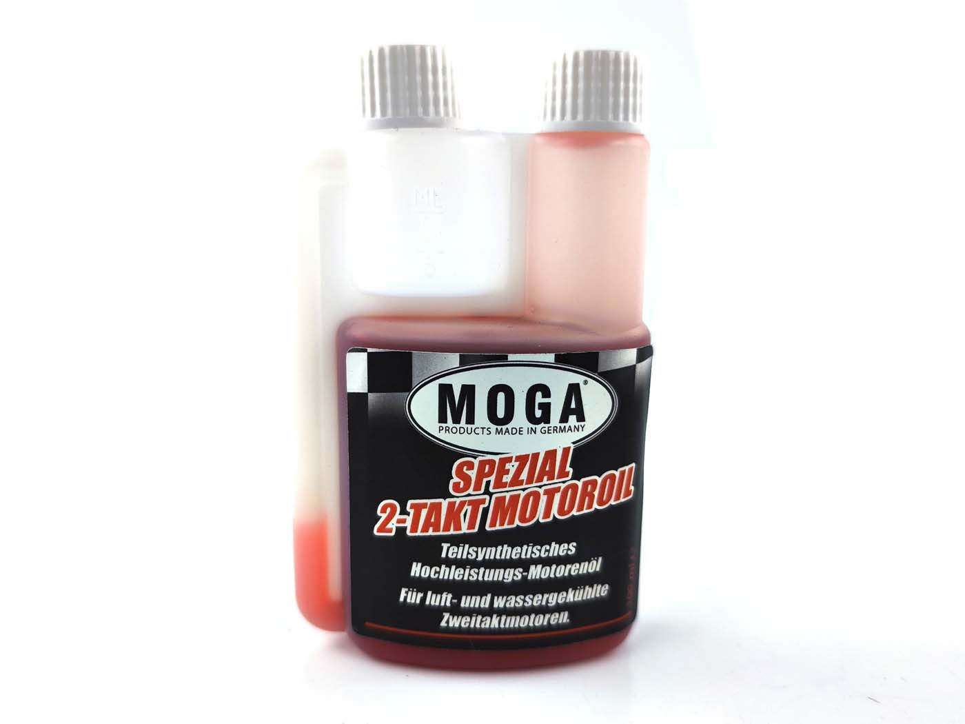 Variklio alyva MOGA 100ml matmenys apytiksl. 130 mm aukščio pločio 75 mm gylio 35 mm mopedui mokick