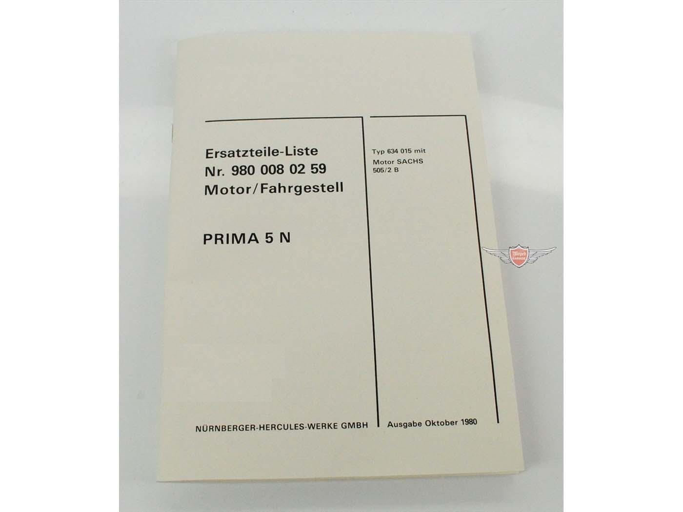 Atsarginių dalių sąrašo dalių katalogas variklio važiuoklė, skirta Sachs 505 Hercules Prima 5 N