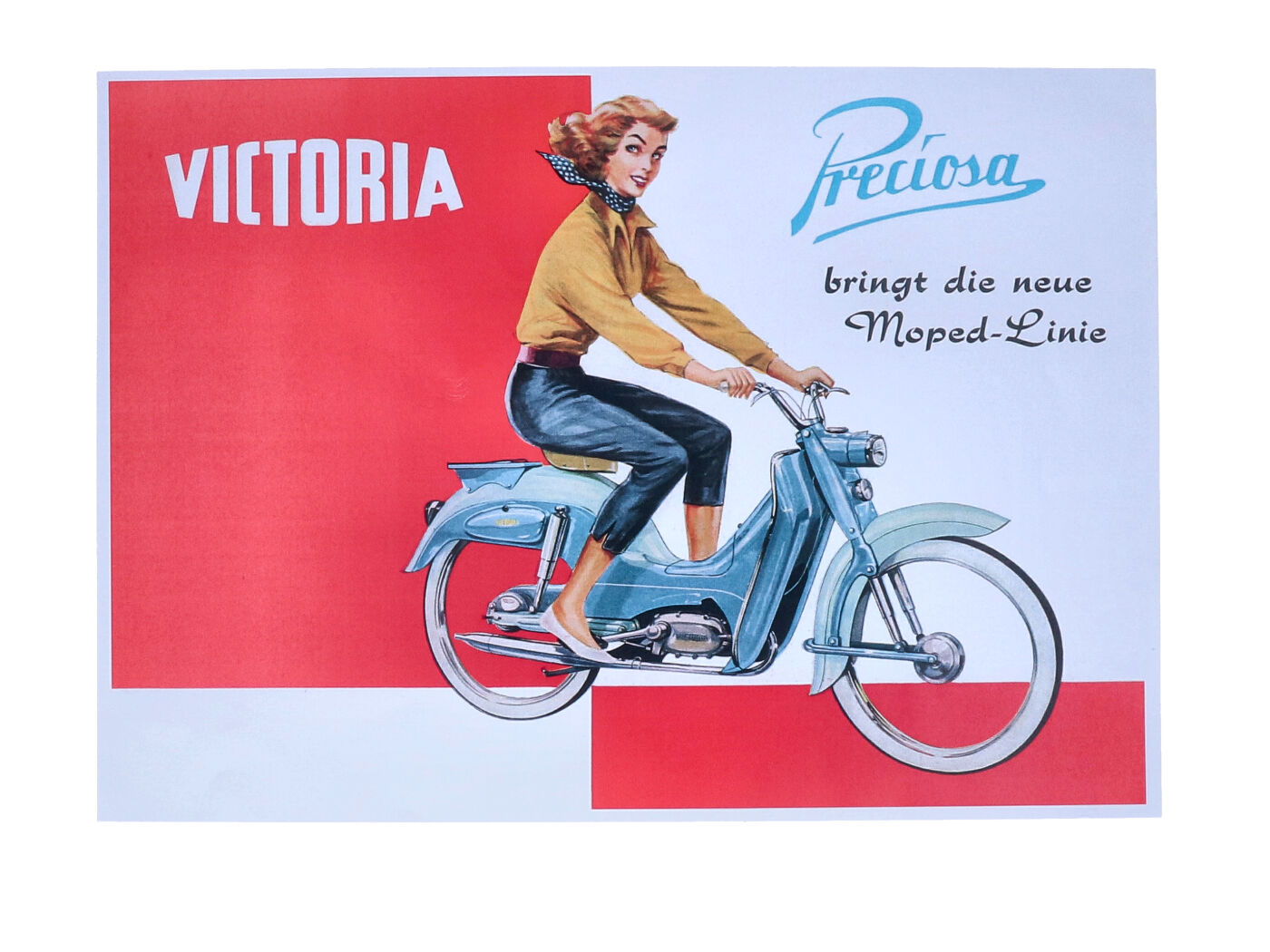 Viktorijos mopedo reklaminis plakatas Preciosa 50s
