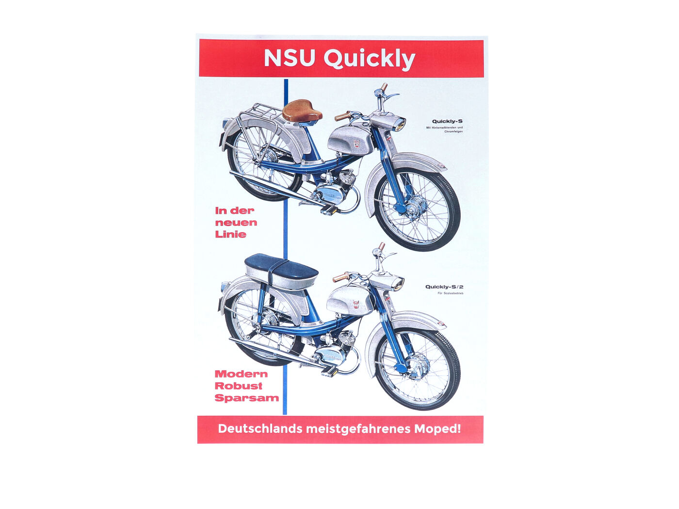 Reklaminis plakatas 50s 60s, skirtas NSU Quickly S 2 mopedui