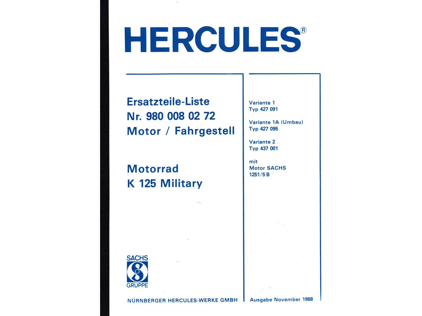 Hercules K 125 BW V1, V2 dalių katalogas 215 puslapių